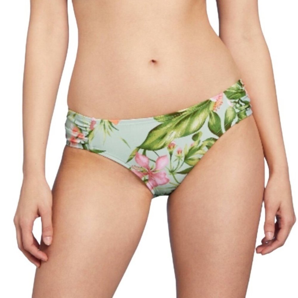 Kona Sol Side Shirred Medium Coverage Hipster Bikini Bottom Green Floral Size XL